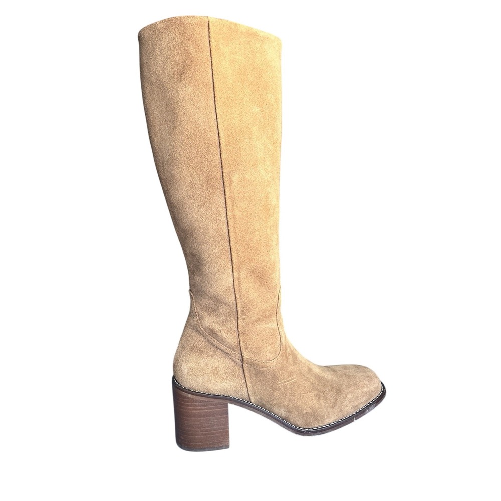 Women's Brown Suede Leather Campus Block Heel Tall Zip Up Square Toe Boots 9.5